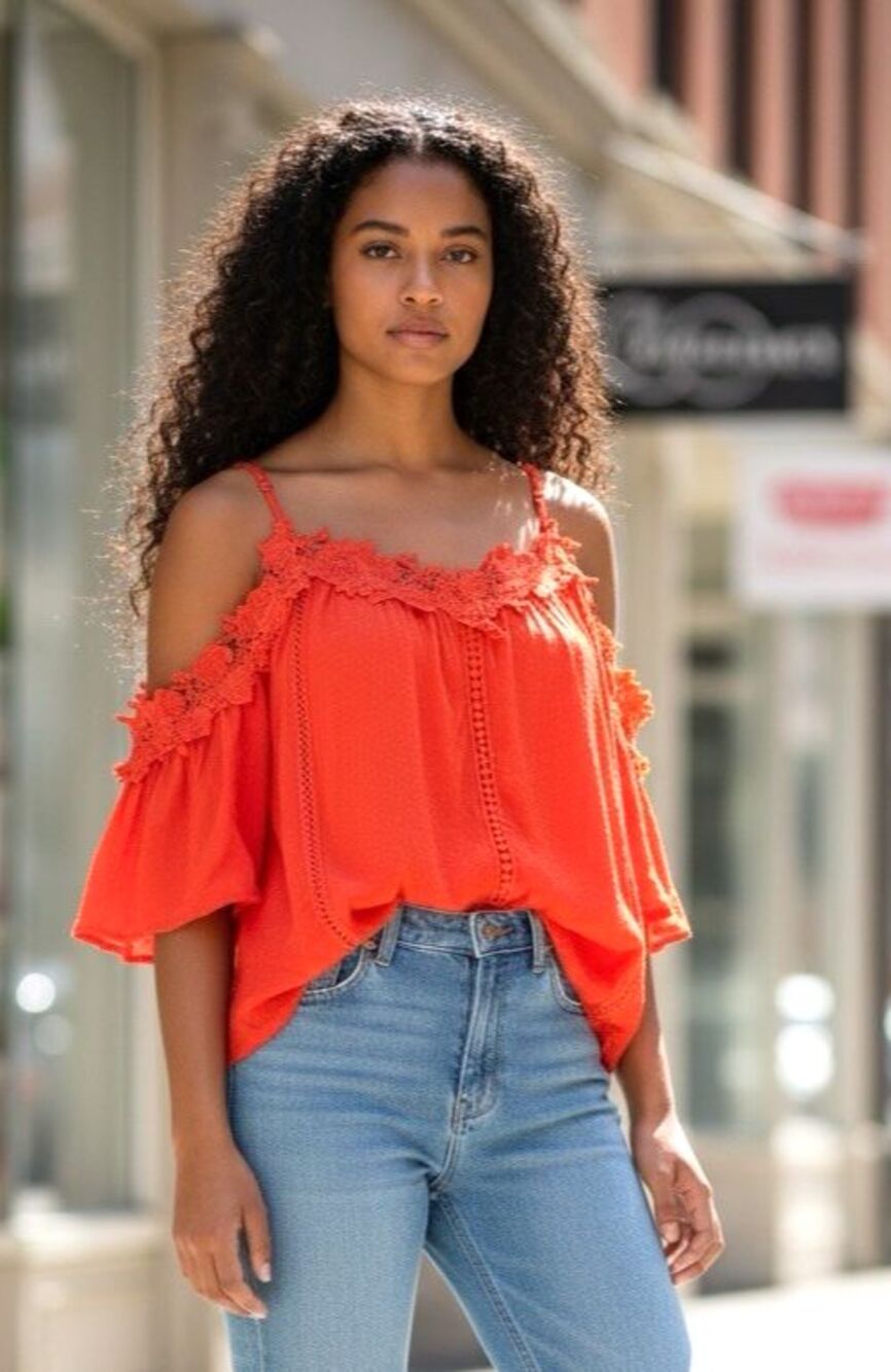 Miss Me womens NWT orange off shoulder lined crop blouse lacy boho cottage Large